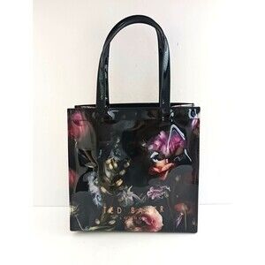 Ted Baker London Small Tote Bag Blk Floral Print Glossy PVC 10X4X9
